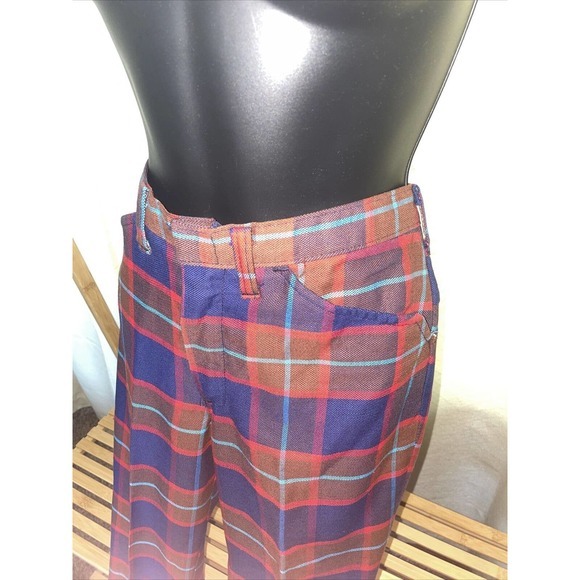 1960’s / 1970s Denim Linen Pants Flare Bell bottom Hippie‎ Boho Red Blue Plaid - Picture 2 of 9